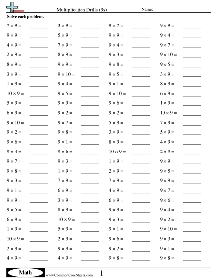 9s (horizontal) Worksheet - Multiplication Drills (9s) worksheet